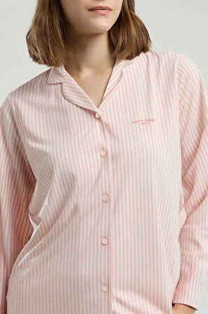 Pierre Cardin Kadın Modal Pamuk Çizgili Önden Düğmeli Uzun Kollu 4 Mevsimlik Kutulu Pijama Takım