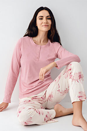 Pierre Cardin Paris Büyük Beden Kadın Gül Desenli Modal Pamuklu Düğmeli  Uzun Kollu Pijama Takım