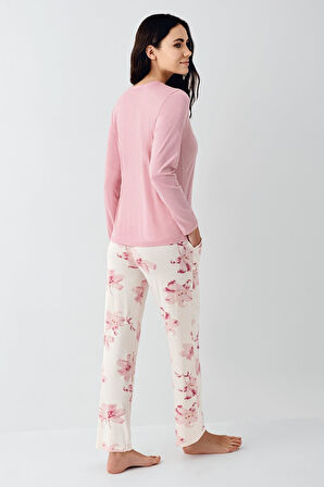 Pierre Cardin Paris Büyük Beden Kadın Gül Desenli Modal Pamuklu Düğmeli  Uzun Kollu Pijama Takım