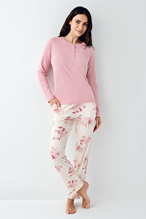 Pierre Cardin Paris Büyük Beden Kadın Gül Desenli Modal Pamuklu Düğmeli  Uzun Kollu Pijama Takım