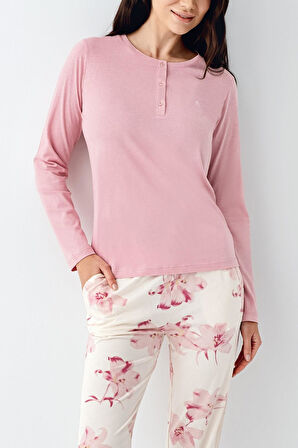 Pierre Cardin Paris Büyük Beden Kadın Gül Desenli Modal Pamuklu Düğmeli  Uzun Kollu Pijama Takım