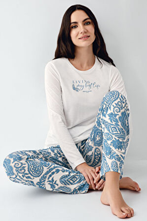Pierre Cardin Kadın Lıvıng My Best Life Modal Pamuklu Krem Uzun Kollu Desenli Pijama Takım