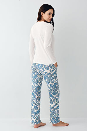 Pierre Cardin Kadın Lıvıng My Best Life Modal Pamuklu Krem Uzun Kollu Desenli Pijama Takım