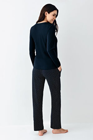 Pierre Cardin Paris Büyük Beden Modal Pamuklu Kadın Puantiyeli V Yaka Uzun Kollu Pijama Takımı