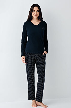 Pierre Cardin Paris Büyük Beden Modal Pamuklu Kadın Puantiyeli V Yaka Uzun Kollu Pijama Takımı