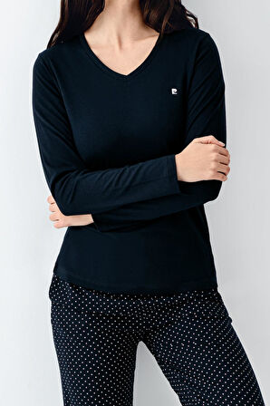 Pierre Cardin Paris Büyük Beden Modal Pamuklu Kadın Puantiyeli V Yaka Uzun Kollu Pijama Takımı