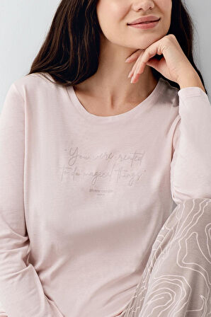 Pierre Cardin Paris Modal Pamuklu Kadın Pembe Desenli Uzun Kollu Pijama Takım