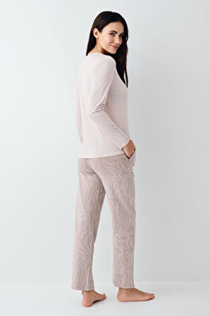 Pierre Cardin Paris Modal Pamuklu Kadın Pembe Desenli Uzun Kollu Pijama Takım
