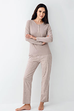 Pierre Cardin Paris Kadın Modal Pamuklu Vizon Düğmeli Uzun Kollu Pijama Takım
