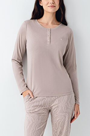 Pierre Cardin Paris Kadın Modal Pamuklu Vizon Düğmeli Uzun Kollu Pijama Takım