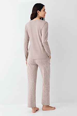 Pierre Cardin Paris Kadın Modal Pamuklu Vizon Düğmeli Uzun Kollu Pijama Takım