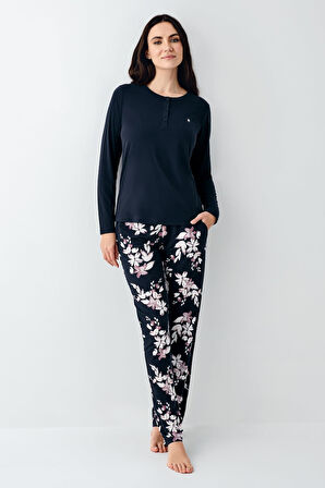 Pierre Cardin Paris Büyük Beden Kadın Modal Pamuklu Desenli Lacivert Uzun Kollu Pijama Takım