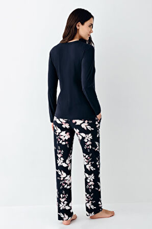 Pierre Cardin Paris Büyük Beden Kadın Modal Pamuklu Desenli Lacivert Uzun Kollu Pijama Takım