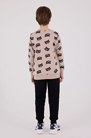 Roly Poly Erkek Çocuk Bej Desenli Pamuklu Uzun Kollu Eşofman Takım