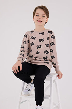 Roly Poly Erkek Çocuk Bej Desenli Pamuklu Uzun Kollu Eşofman Takım