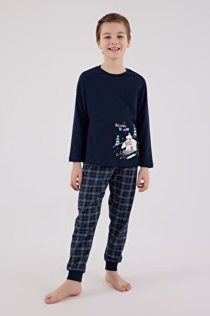 Arnetta Garson Erkek Çocuk Aile %100 Pamuk 4 Mevsim Uzun Kollu Ekoseli Pijama Takım