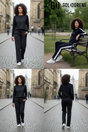 Gd Goldoremi 11-007 Kadın Modal Yanı Parçalı Şeritli Bol Paça Eşofman Altı