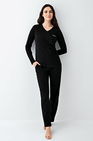 Pierre Cardin Kadın V Yaka Modal Pamuklu 4 Mevsim Kumaş Uzun Kollu Pijama Takım