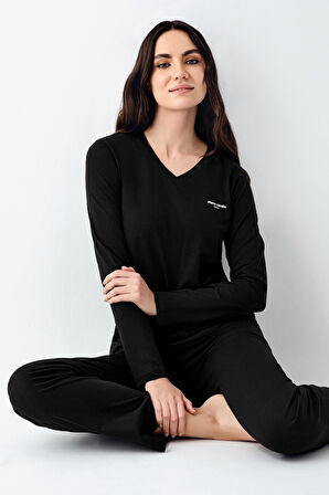Pierre Cardin Büyük Beden Kadın V Yaka Modal Pamuklu 4 Mevsim Kumaş Uzun Kollu Pijama Takım