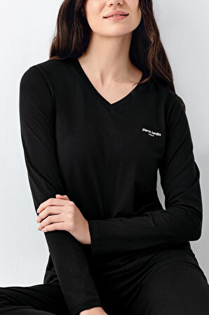 Pierre Cardin Büyük Beden Kadın V Yaka Modal Pamuklu 4 Mevsim Kumaş Uzun Kollu Pijama Takım