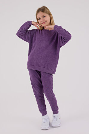 U.S Polo Assn. Kız Çocuk Mor Kalın 3 İplik Kumaş Uzun Kollu Lastikli Eşofman Takım