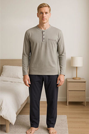 Gd Goldoremi 28301 Erkek 4 Mevsim Rahat Pamuklu Süprem Kumaş Uzun Kollu Pijama Takım