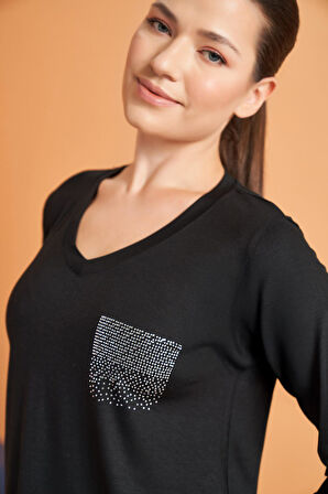 Pjs Kadın V Yaka Likralı Viskon Kumaş Uzun Kollu Eşofman Takım