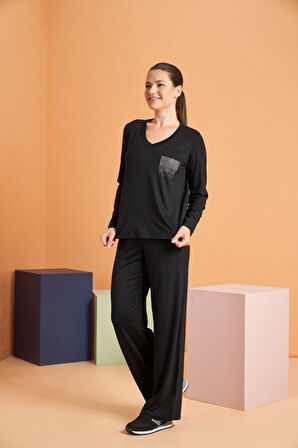 Pjs Kadın V Yaka Likralı Viskon Kumaş Uzun Kollu Eşofman Takım