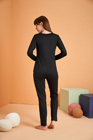 Pjs Kadın Viskon 4 Mevsim Kumaş Düğmeli Uzun Kollu Pijama Takım