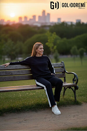 Gd Goldoremi 040 Modal Kadın Şerit Detaylı Kolları Manşetli Bol Kesim Eşofman Takım
