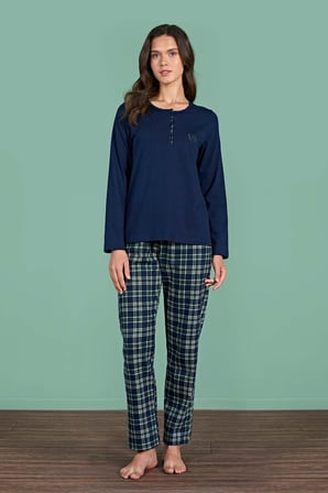 Gd Goldoremi Kadın Pamuklu Rahat Kalıp Düğmeli Ekose Desenli Uzun Kollu Pijama Takımı