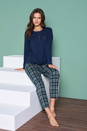 Gd Goldoremi Kadın Pamuklu Rahat Kalıp Düğmeli Ekose Desenli Uzun Kollu Pijama Takımı