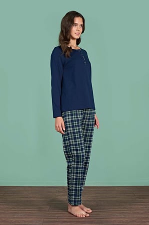 Gd Goldoremi Kadın Pamuklu Rahat Kalıp Düğmeli Ekose Desenli Uzun Kollu Pijama Takımı