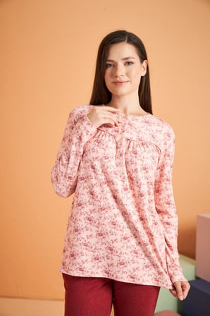 Gd Goldoremi Premium Kadın Rahat Kesim Yuvarlak Yaka Çiçek Desenli Düğmeli Uzun Kollu Pijama Takım