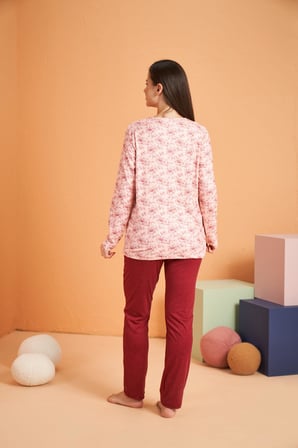 Gd Goldoremi Premium Kadın Rahat Kesim Yuvarlak Yaka Çiçek Desenli Düğmeli Uzun Kollu Pijama Takım