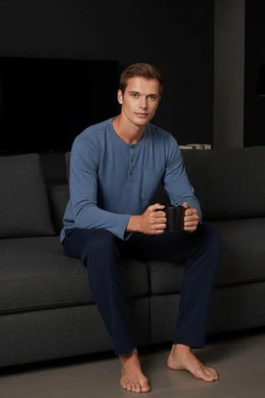Gd Goldoremi Premium Erkek Cepli Düğmeli Yaka Uzun Kollu %100 Pamuklu Pijama Takım