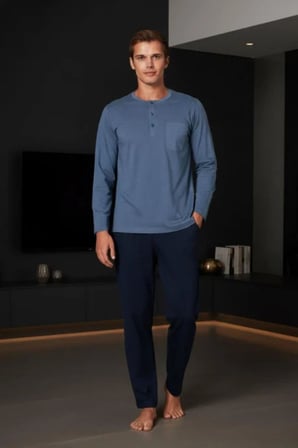 Gd Goldoremi Premium Erkek Cepli Düğmeli Yaka Uzun Kollu %100 Pamuklu Pijama Takım