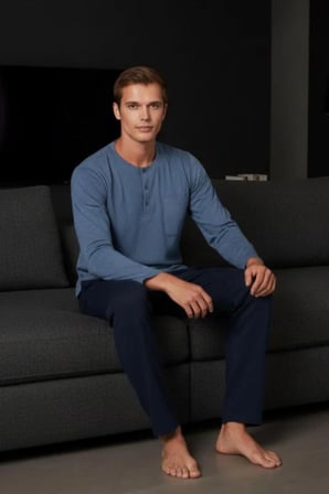 Gd Goldoremi Premium Erkek Cepli Düğmeli Yaka Uzun Kollu %100 Pamuklu Pijama Takım