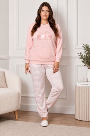 Gd Goldoremi Kadın Premium Büyük Beden Pembe Kışlık Uzun Kollu Pijama Takım