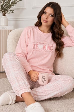 Gd Goldoremi Kadın Premium Büyük Beden Pembe Kışlık Uzun Kollu Pijama Takım