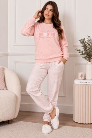 Gd Goldoremi Kadın Premium Büyük Beden Pembe Kışlık Uzun Kollu Pijama Takım