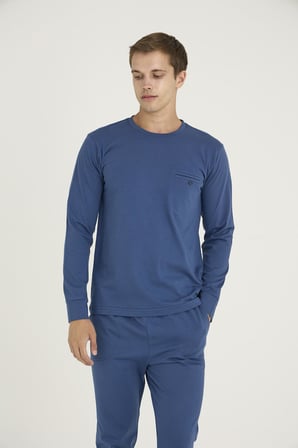 Gd Goldoremi Premium Serisi Erkek %100 Pamuklu Rahat 0Yaka Uzun Kollu Paçaları Manşetli Pijama Takım