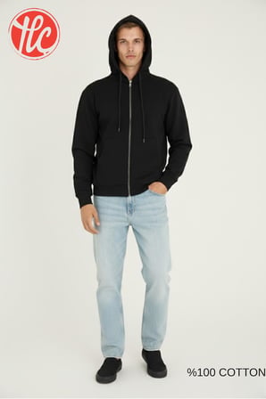 Kly Unisex Relax Fit Rahat Kesim %100 Pamuklu İçi Şardonsuz Çift Cepli Fermuarlı Kapüşonlu Sweatshirt
