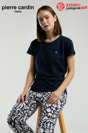 Pierre Cardin Paris Premium Kadın Lacivert Düğmeli Yaka Kısa Kol Pijama Takımı