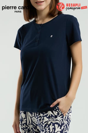 Pierre Cardin Paris Premium Kadın Lacivert Düğmeli Yaka Kısa Kol Pijama Takımı