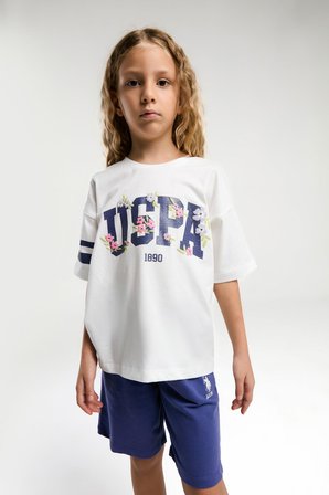 U.S. Polo Assn. Garson Kız Çocuk Rahat Kalıp Oversize Pamuklu Yazılı Kısa Kollu Şortlu Pijama Takım