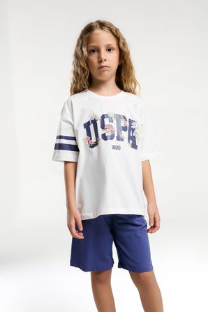 U.S. Polo Assn. Garson Kız Çocuk Rahat Kalıp Oversize Pamuklu Yazılı Kısa Kollu Şortlu Pijama Takım