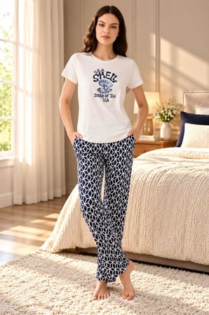 Arnetta Kadın %100 Pamuk Bisiklet Yaka Regular Fit Baskılı Yazlık Kısa Kollu Pijama Takım