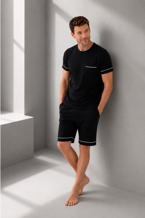 Arnetta Premium Seri Erkek %100 Pamuklu Rahat Kalıp Cepli Kısa Kollu Şortlu Kutulu Pijama Takım