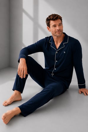 Arnetta Premium Seri Erkek %100 Pamuklu Önden Düğmeli Rahat Kalıp Uzun Kollu Kutulu Pijama Takım